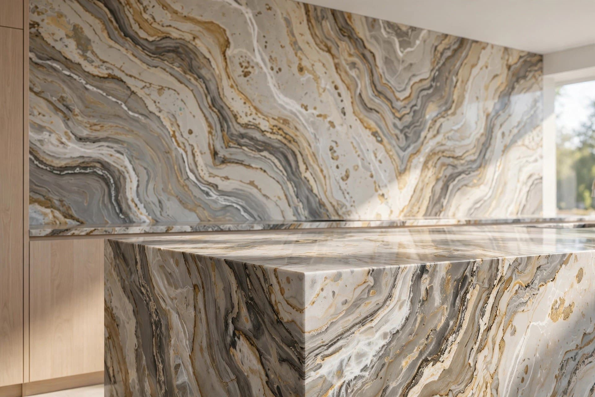 Representative stone, tile, and vanity-surface detail for a bathroom finish package