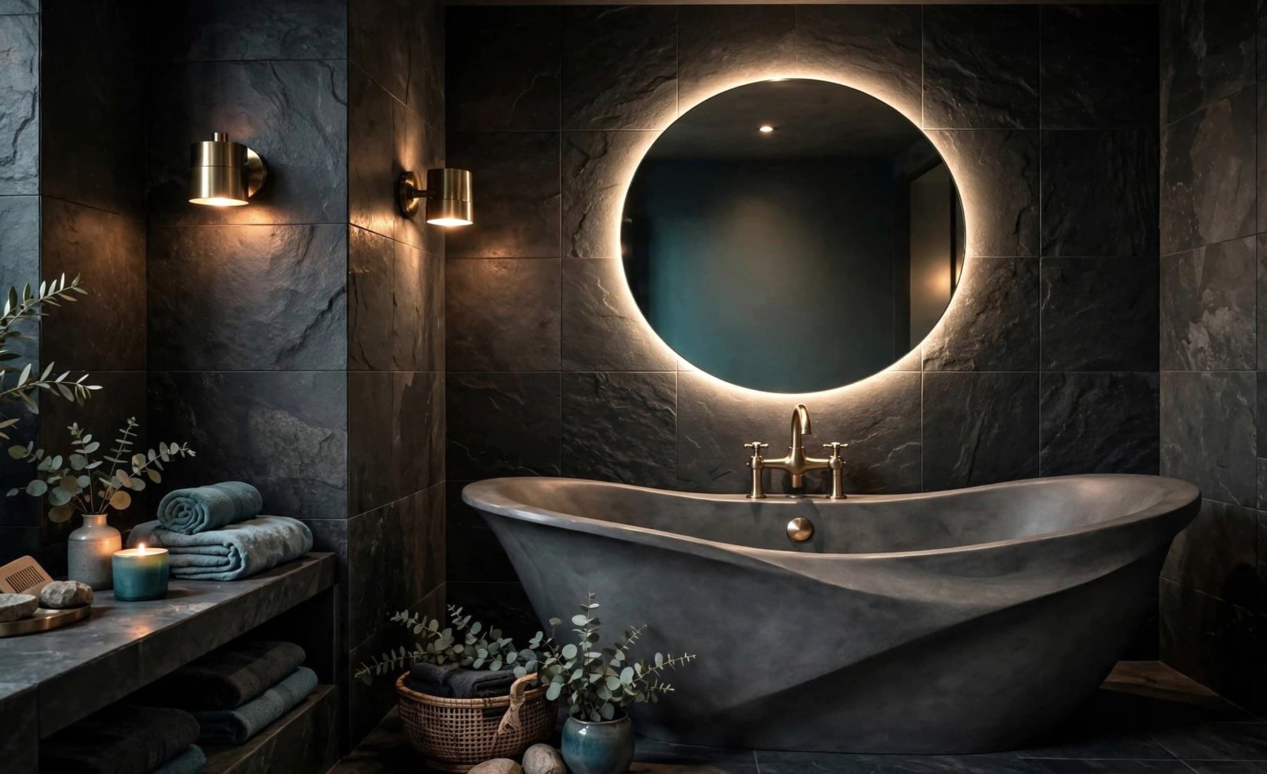 Representative finished bathroom with tub, vanity, fixtures, and tiled surfaces