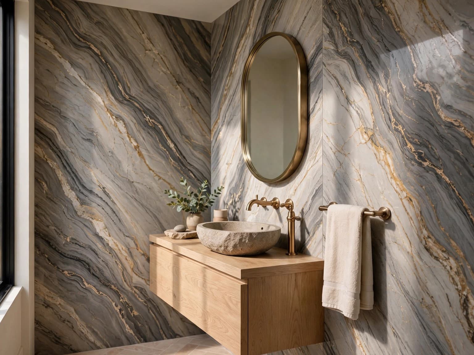 Representative finished bathroom vanity with large-format stone-pattern wall finish and modern fixtures