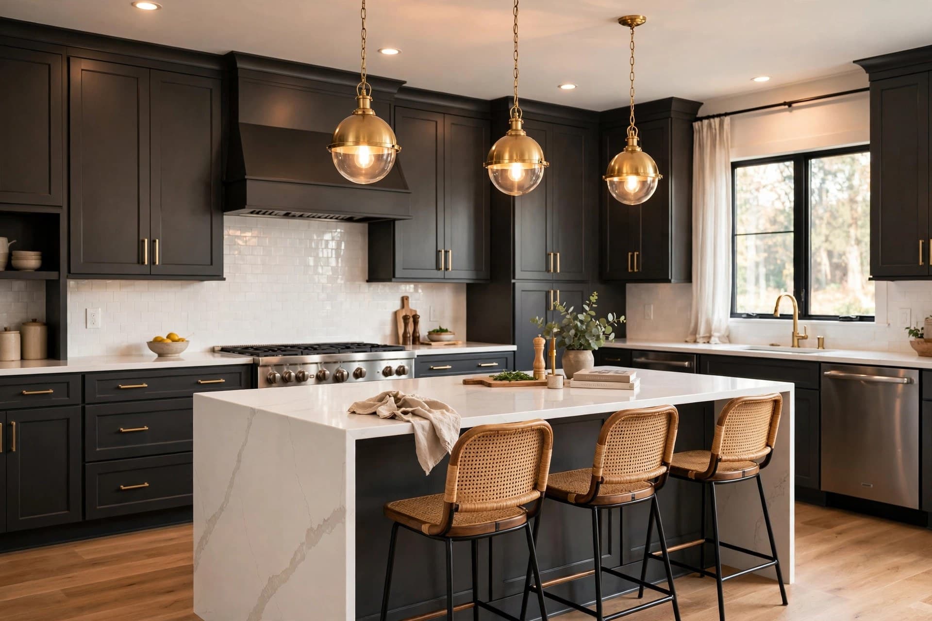 Representative bright modern kitchen with white cabinetry, island, and appliances