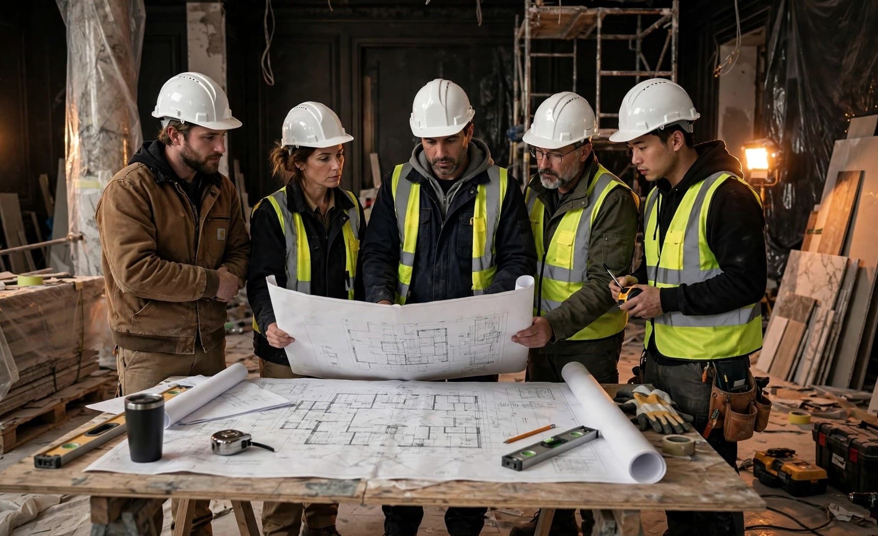Representative commercial construction team reviewing plans during an interior improvement project